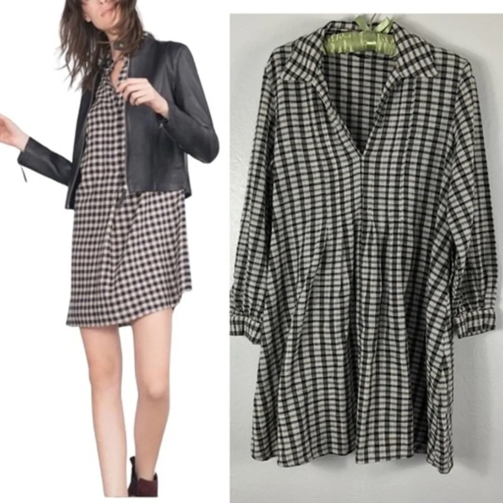 Zara plaid check cotton blended v-neck flow dress